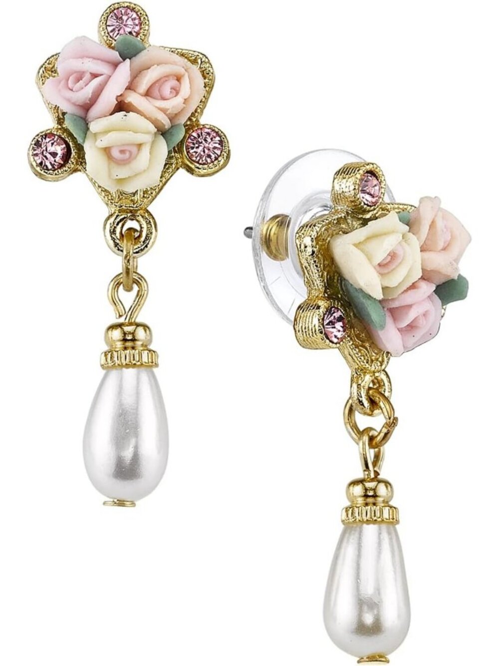 Handcrafted Multi-Color Floral Drop Earrings with Crystal & Faux Pearls